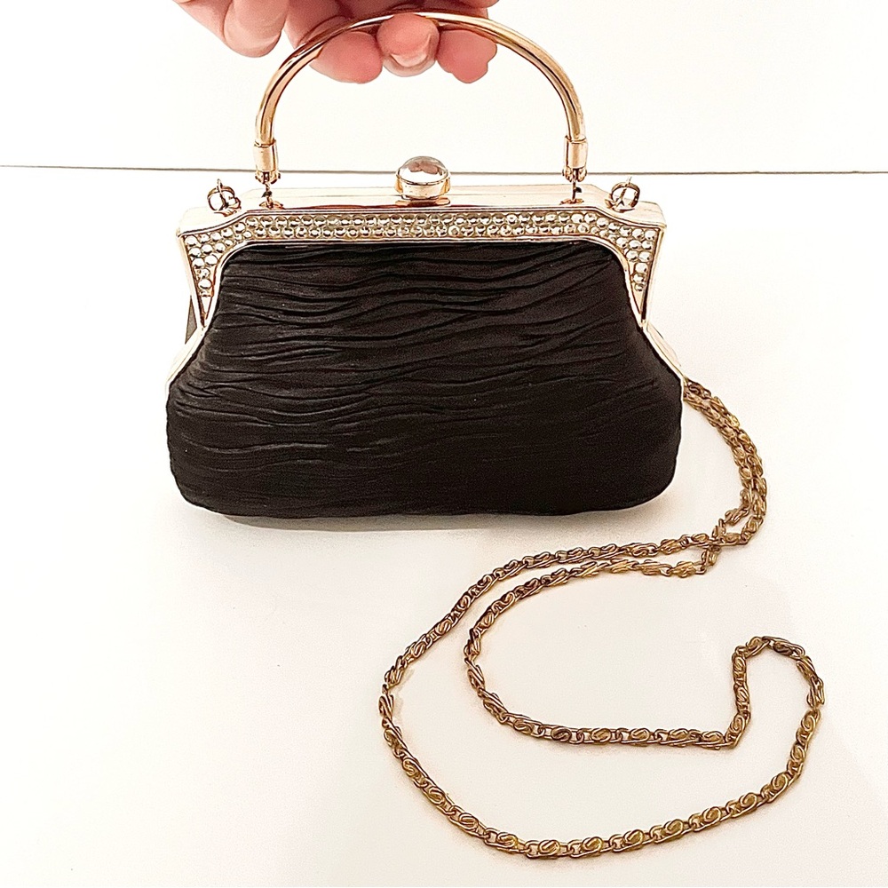 Black Satin Vintage Evening purse Ruched fabric with Gold and Rhinestone accents
